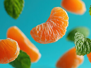 Flying tangerine slices with mint leaves on turquoise background
