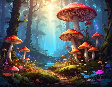 Whimsical forest scene with giant red mushrooms, path, and glowing light