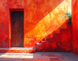 Vibrant exterior scene with a weathered red wall and staircase
