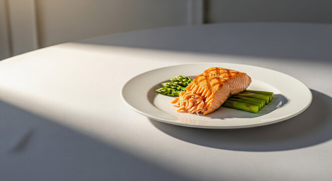 fine dining minimal plating with grilled salmon and asparagus on white plate, clean luxury composition, copy space background, soft shadows, culinary photography, 4K 2 - Powered by Adobe