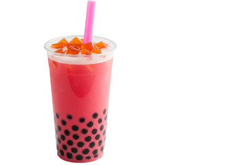 Vibrant pink bubble tea in a clear plastic cup with tapioca pearls, orange jelly, white foam, and a pink straw on a transparent studio background with copy space, perfect for beverage advertising