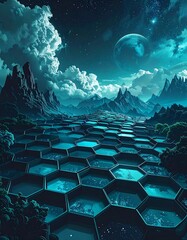 Surreal alien landscape with geometric pathways under a starry night sky
