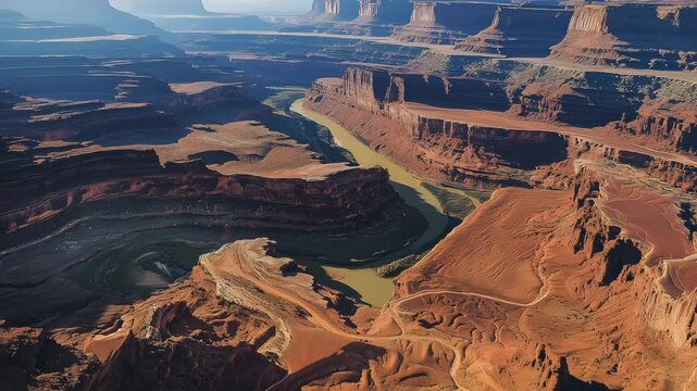 Experience the stunning contrasts of rugged rock formations and flowing water in a desert canyon during sunset