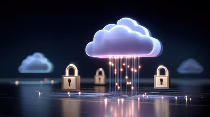 Cloud cybersecurity concept showing secure cloud storage with glowing data streams and padlock symbol guarding network perimeter conveying digital