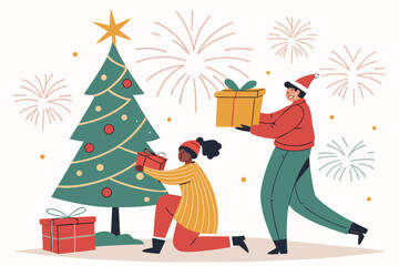 Family Celebrating Merry Christmas. Happy Family Preparing for New Year. Parents and their kid decorating a tree with tree balls and gift boxes. Christmas silhouette. New year silhouette.