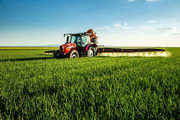 Tractor spraying pesticide on green wheat agricultural field