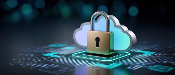 Cloud cybersecurity lock protecting data in digital infrastructure with glowing circuit board and secure cloud icon conveying safety and trust