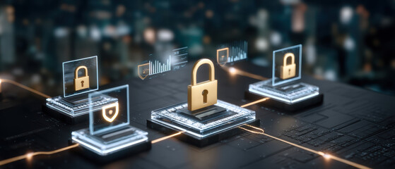Cybersecurity cloud secure network padlock protecting data center servers and devices futuristic circuit board landscape showing encrypted
