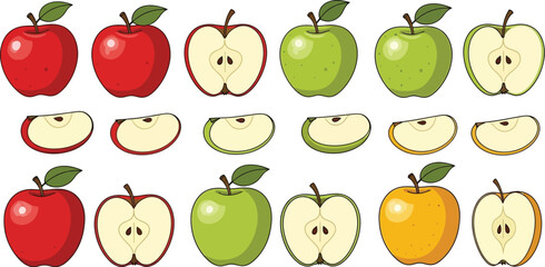 Vector art of assortment of red and green apples, whole and sliced