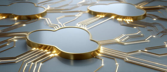 Cloud cybersecurity network concept with golden circuits connecting cloud shapes creating secure data flow and modern technology elegance