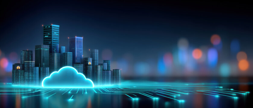 Neon cloud cybersecurity skyline cityscape glowing circuit futuristic network urban data security night