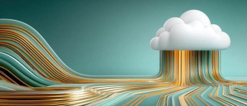 Cloud data stream meets cybersecurity and cloud concept with flowing gold and teal circuitry evoking secure network and modern infrastructure