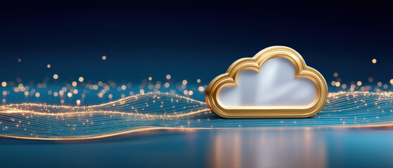 Cloud cybersecurity digital concept glowing golden cloud icon over abstract data wave with bokeh lights conveying secure cloud storage and network