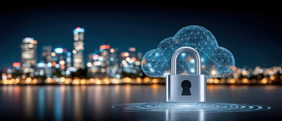 Cloud cybersecurity padlock protects data secure cloud network with city skyline background conveying digital security confidence and connectivity