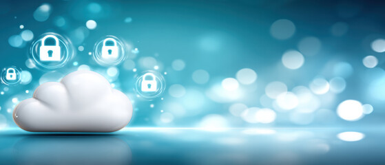 Cloud cybersecurity concept with secure cloud and lock icons glowing against blue bokeh background conveying protection and data privacy modern