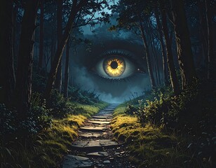 Surreal forest scene with giant eye watching path