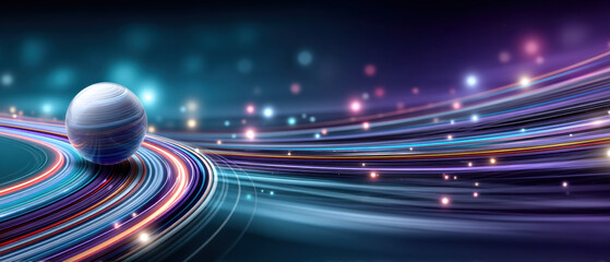 Planetary sphere cybersecurity cloud concept with glowing orbital trails and dynamic light streaks conveying secure data flow and futuristic