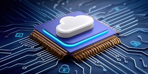 Cloud security chip concept cybersecurity cloud integration circuit board glowing processor protecting data with padlock icons digital network