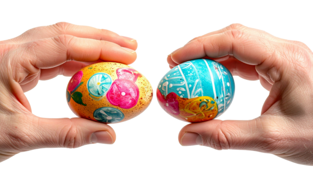 Easter tradition of cracking eggs, two hands hold eggs and try to break each other's egg.