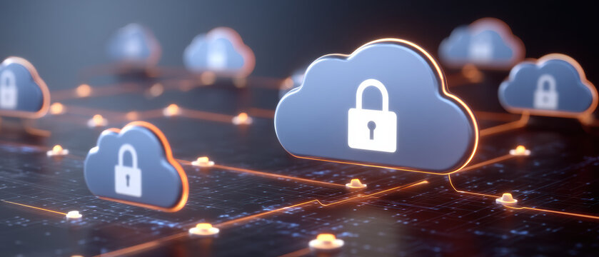 Cloud cybersecurity network concept with secure data storage and encrypted connection protecting information in modern infrastructure