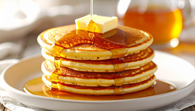 Stack of pancakes with melted butter and dripping maple syrup macro