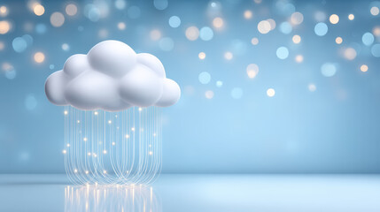 Cloud cybersecurity cloud concept with glowing data rain and fiber optics blue bokeh background conveying secure cloud network protection
