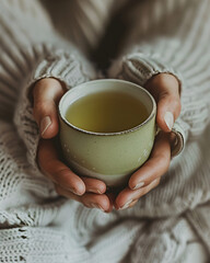 Close-up of hands holding a ceramic cup filled with warm green tea