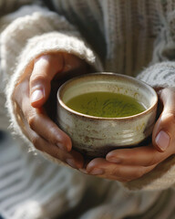 Close-up of hands holding a rustic ceramic cup filled with green herbal tea
