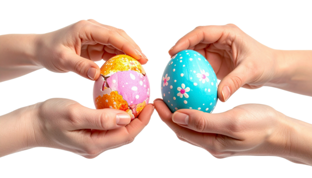 Easter tradition of cracking eggs, two hands hold eggs and try to break each other's egg.