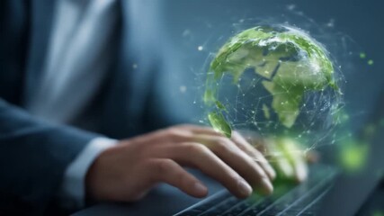 Businessman working on a laptop with digital globe concept on screen - Powered by Adobe