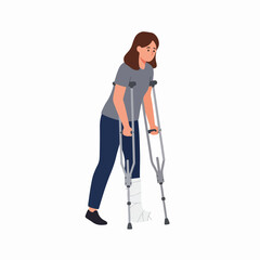 Flat Illustration of Woman with Leg Injury Using Crutches for Support