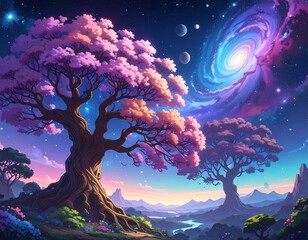 Surreal landscape with vibrant trees, galaxy, and planets at sunset