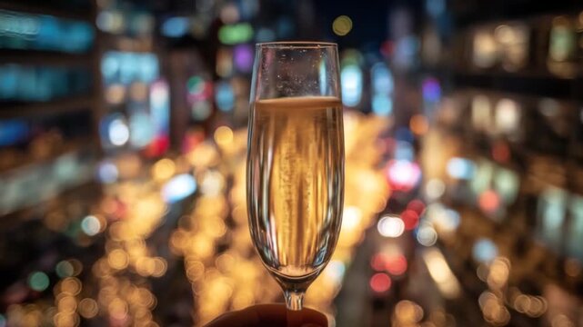 Champagne glass with bubbly drink against blurred cityscape background