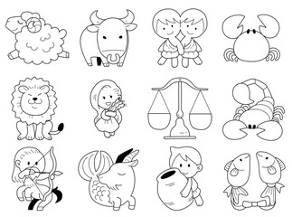 ミニマルな星座の二頭身キャラクターイラストセット