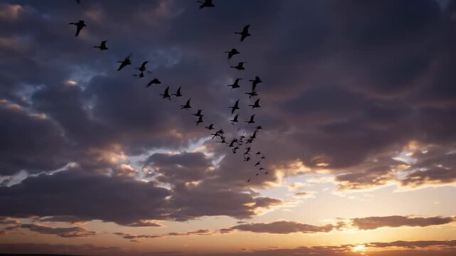 Flock of migratory birds flying in formation against a dramatic cloudy sky at dusk, epic wide shot journey, sunrise, nature