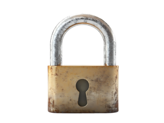 Worn Brass Padlock with Scratched Silver Shackle security safety isolated on a transparent background