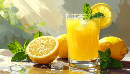 Freshly squeezed lemon juice garnished with mint sprig macro