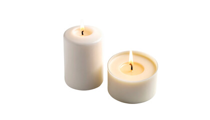  Pair of glowing candles with brass holders, isolated on transparent background