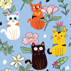 Cute kitty cat having fun in flower garden seamless pattern