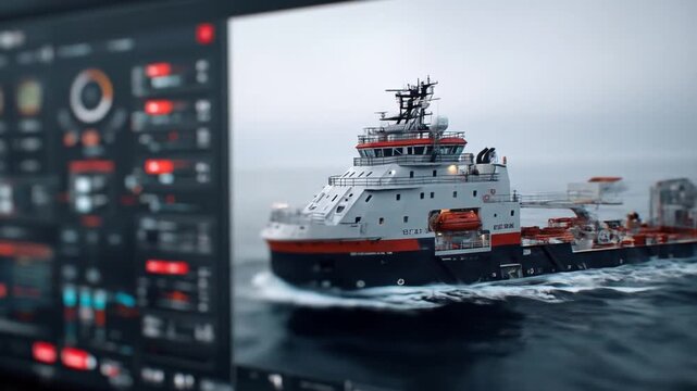 Large ship sailing on the ocean with detailed instrumentation display