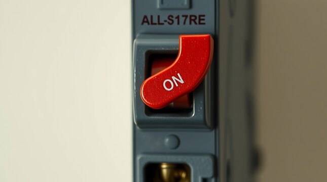 Close up of a circuit breaker in the on position