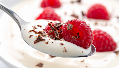 Spoonful of creamy yogurt with fresh raspberries and chocolate nibs, macro close-up