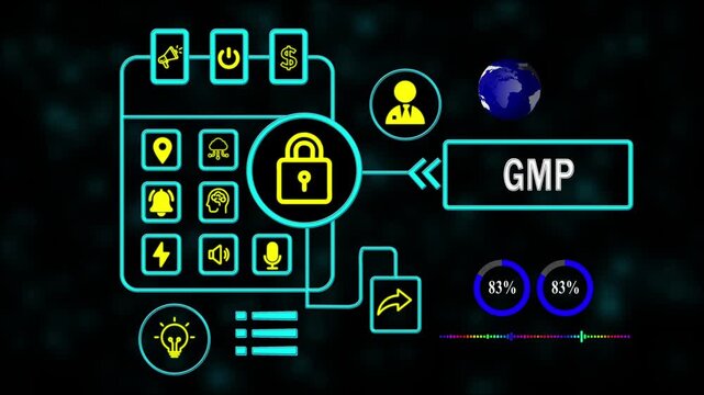 GMP (Good Manufacturing Practice) concept displayed on a virtual screen, highlighting quality control, regulatory compliance, and manufacturing standards.