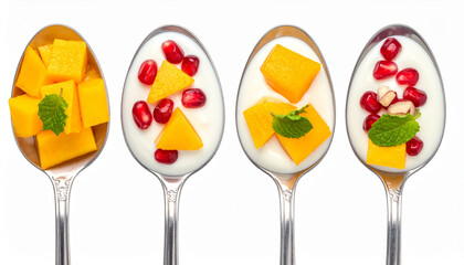 Spoonful of yogurt with diced mango and pomegranate seeds, top view macro