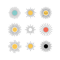 A collection of stylized sun illustrations with radiating lines and varied colors.