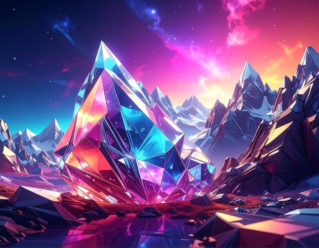Surreal landscape with giant crystal, mountains, and vibrant sky