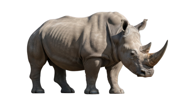 Isolated rhinoceros with thick, grey skin standing against a dark background