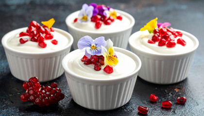 Yogurt bowl with pomegranate seeds and edible flowers