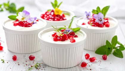 Yogurt bowl topped with pomegranate seeds and edible flowers, macro close-up
