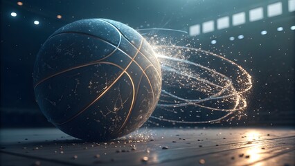 Futuristic basketball with data streams on a dark court